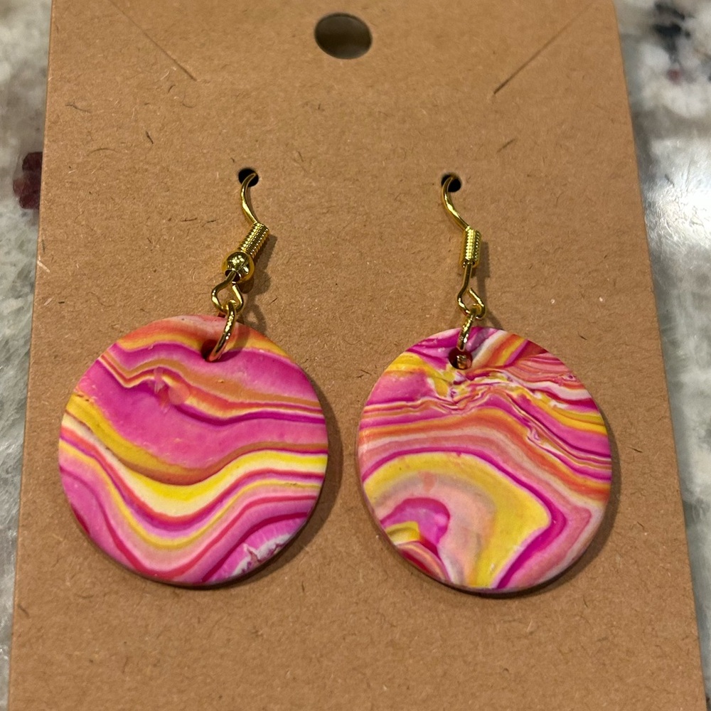 Pink and Yellow Swirl Polymer Clay Earrings- homemade